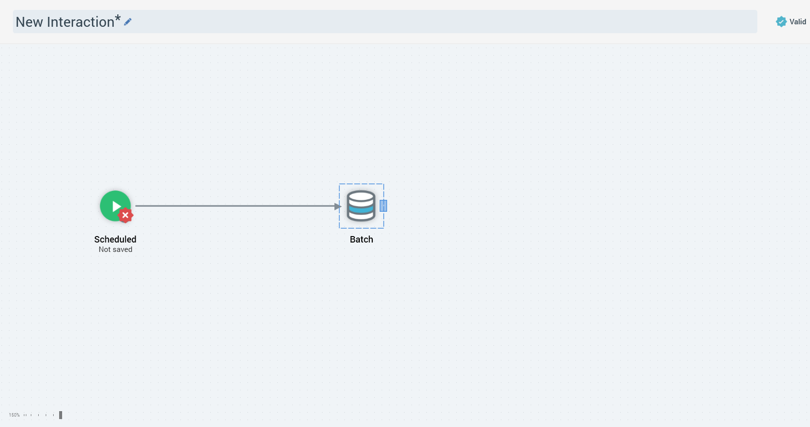 Image shows the workspace of the Interaction Designer. A scheduled trigger and Batch Audience have been added to the workspace.