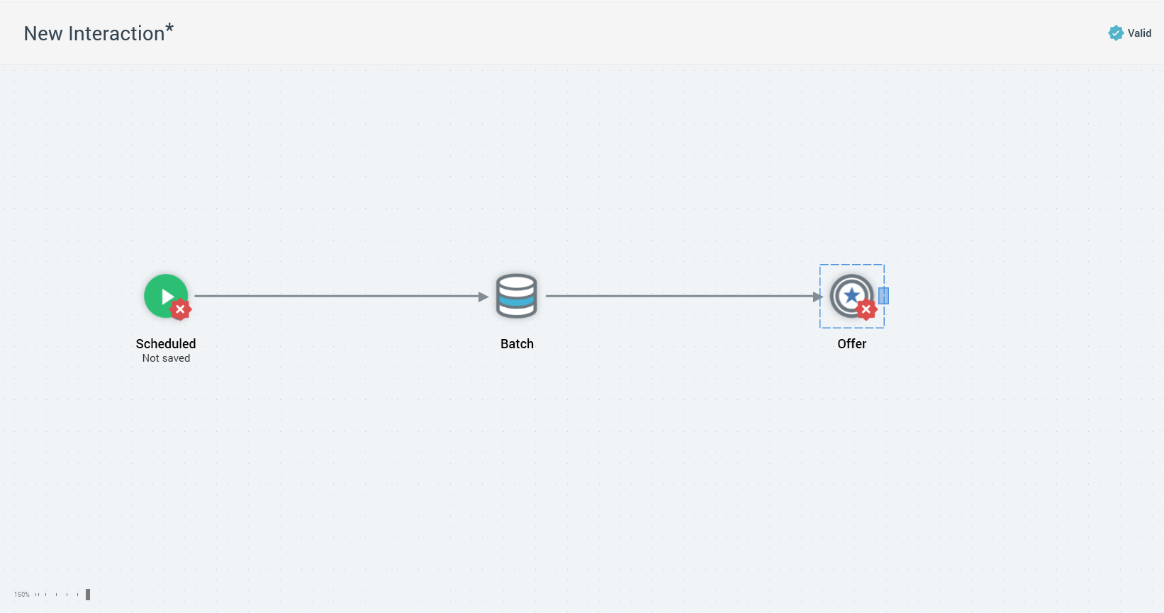 Image shows the workspace of the Interaction Designer. A scheduled trigger, Batch Audience, and Offer have been added to the workspace.