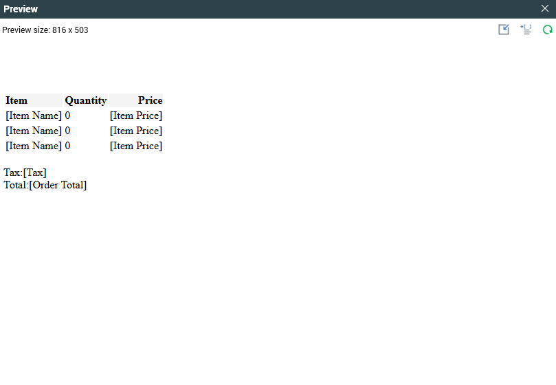 Image shows the HTML preview of the Table Smart Asset. There are two identical tables with columns for Item, Quantity, and Price. There are rows at the bottom that contain the tax and total cost.