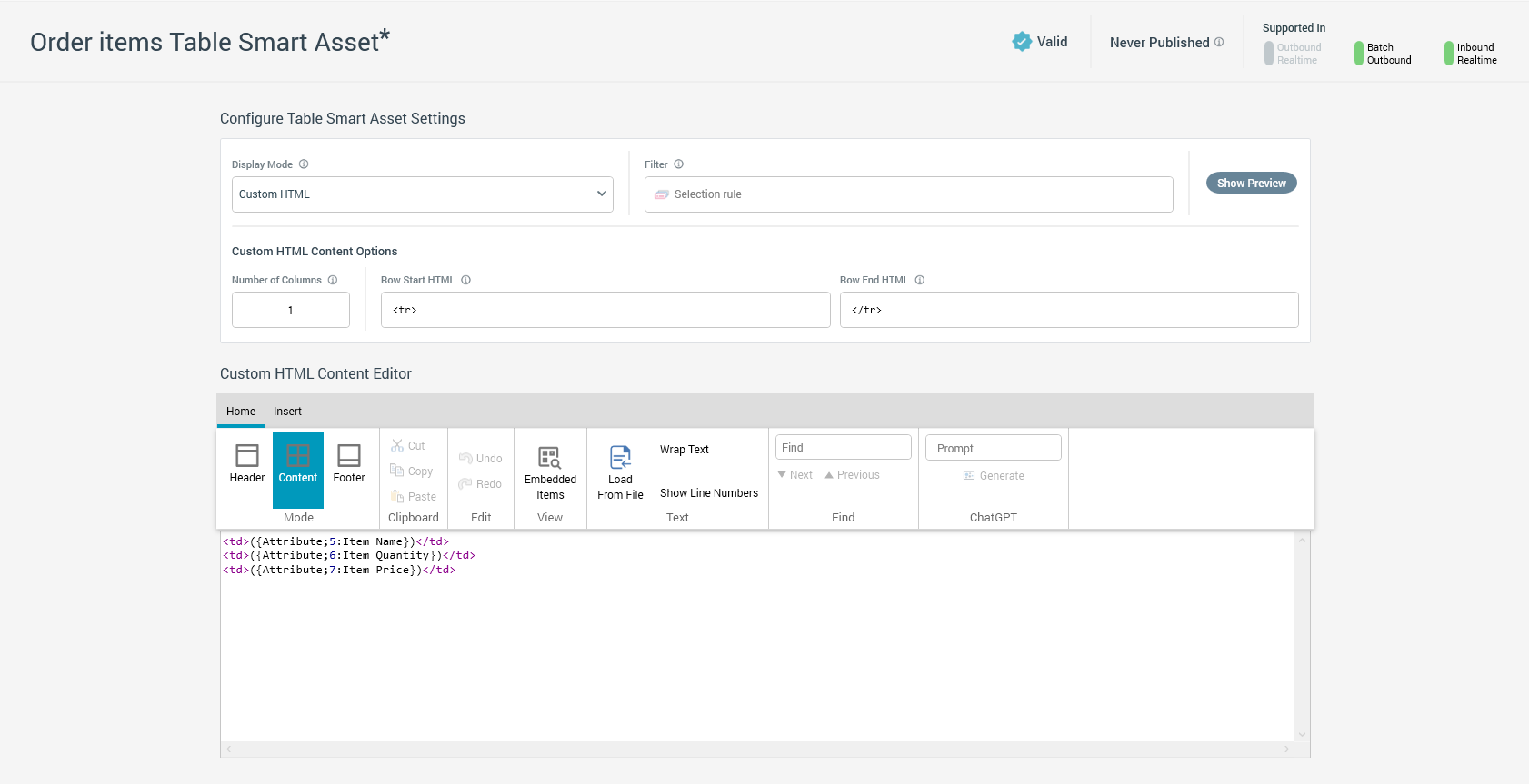 This image shows a Table Smart Asset showing a custom HTML table that contains columns for item, quantity, and price.