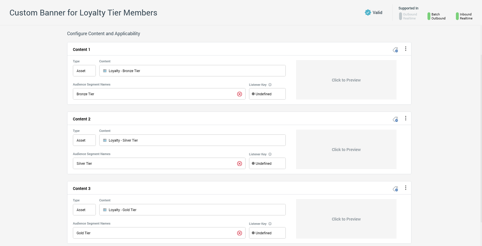 This image shows an Audience Segment Smart Asset with three pieces of content. Content 1 contains a banner for Bronze tier members, Content 2 contains a banner for Silver tier members, and Content 3 contains a banner for Gold tier members.
