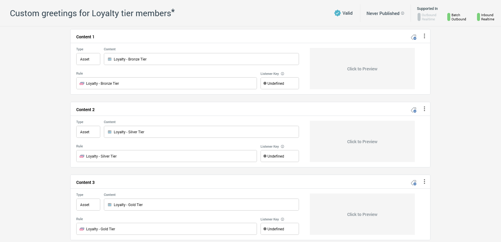 Image shows a Rule Smart Asset with three pieces of content. Content 1 contains a greeting for Bronze tier members, Content 2 contains a greeting for Silver tier members, and Content 3 contains a greeting for Gold tier members.
