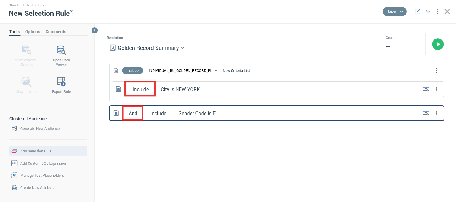 The image shows a workspace in the Rule Designer. There are two criteria that make up the rule, and the Include and AND buttons have a red box around them to highlight the button.