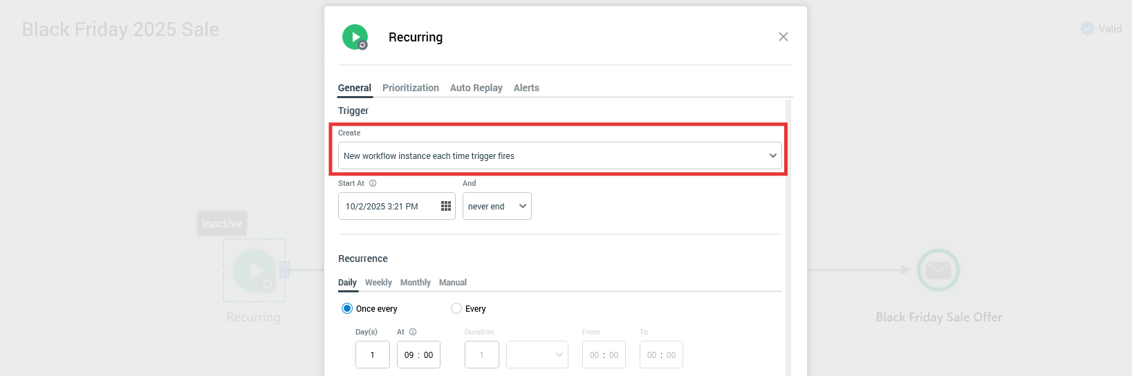 The image shows the Configuration Panel for the Recurring Trigger. The New Workflow option is selected from the Create dropdown menu.