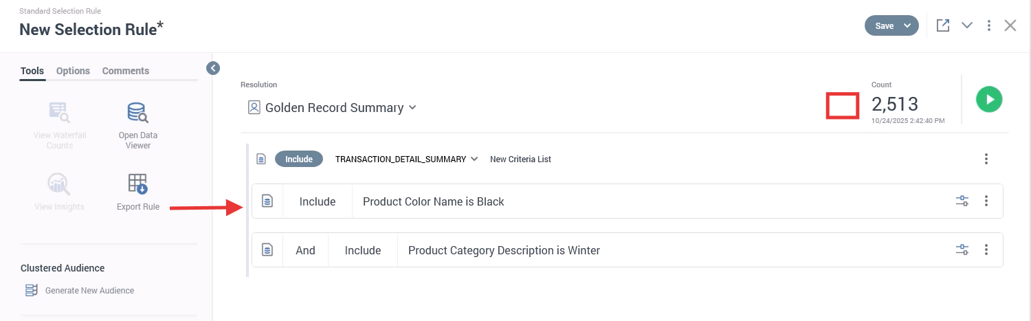A selection rule with both attributes in a single criteria list with the yellow warning symbol gone.