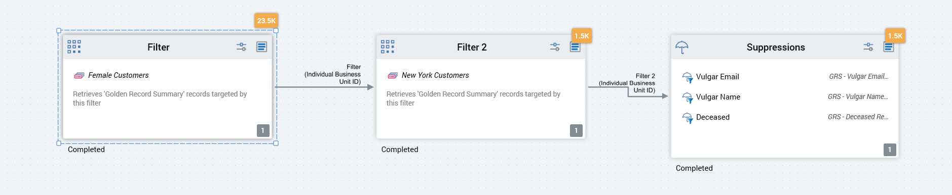 The image includes an audience workflow with two filter blocks and a suppression block. Each block has a yellow box in the corner indicating the number of records.