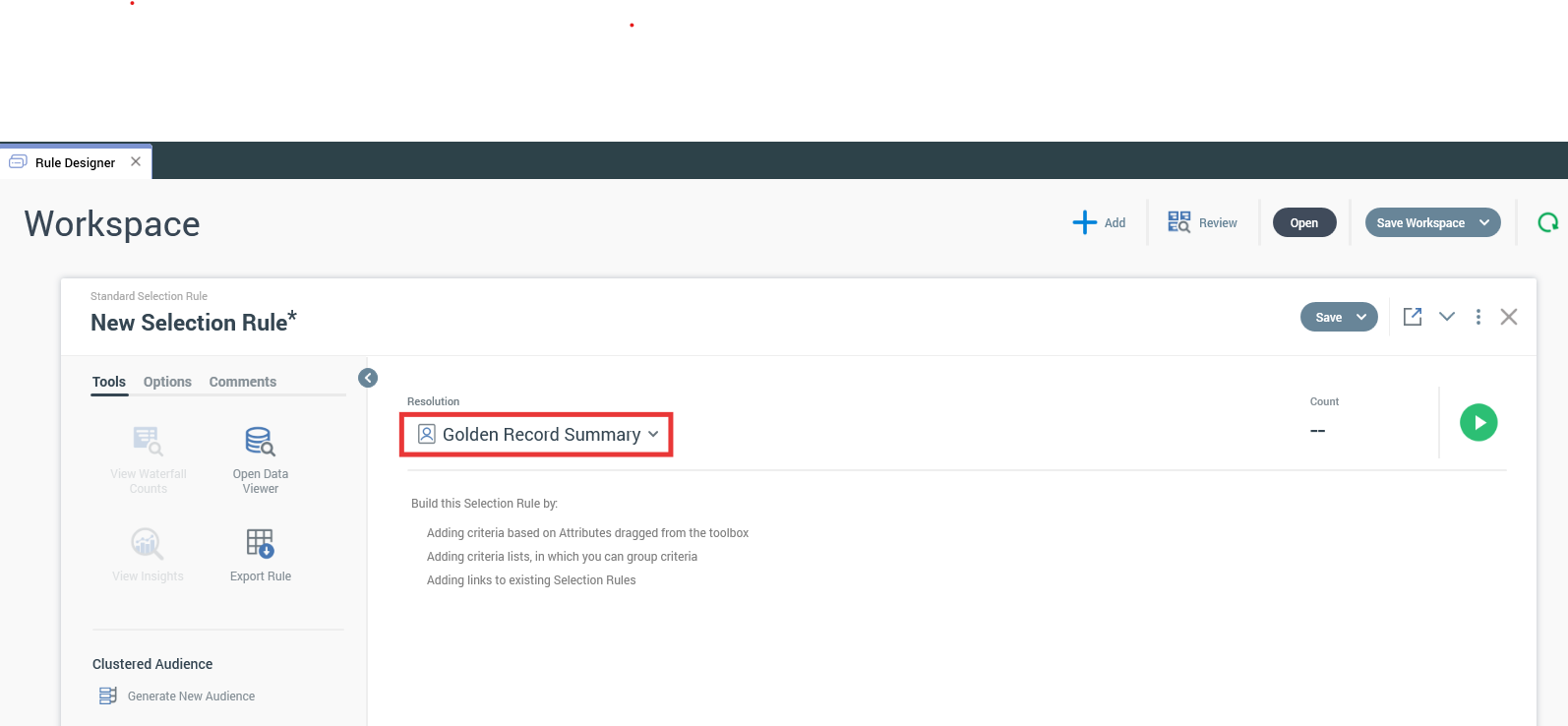 The image shows a blank workspace in the Rule Designer. The chosen resolution, Golden Record Summary, has a red box around it to highlight the feature.