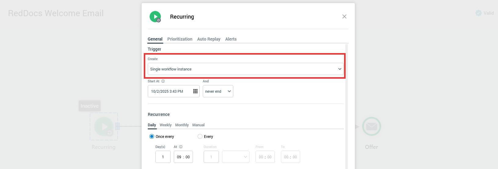 The image shows the Configuration Panel for the Recurring Trigger. The Single Workflow option is selected from the Create dropdown menu.