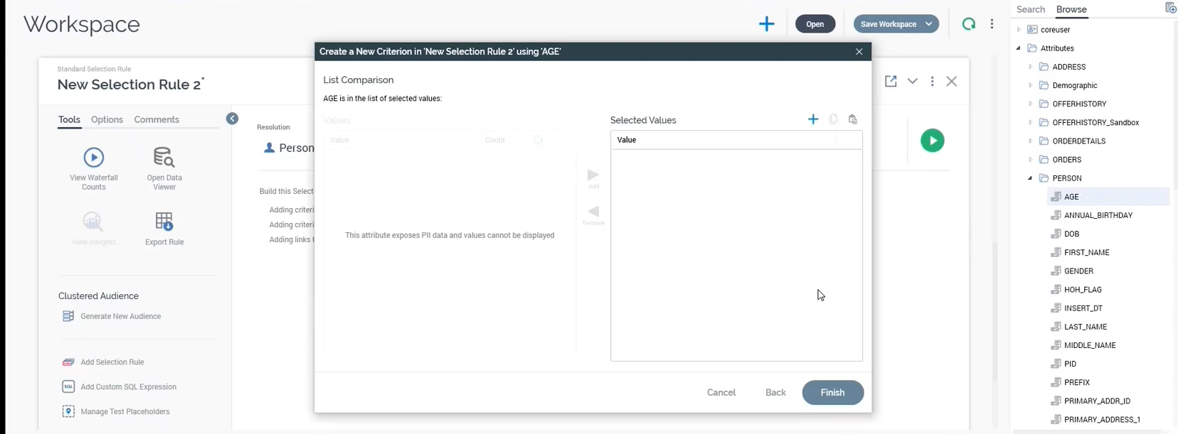 The image shows the Rule Designer workspace. The values are hidden for List Comparison criterion type.