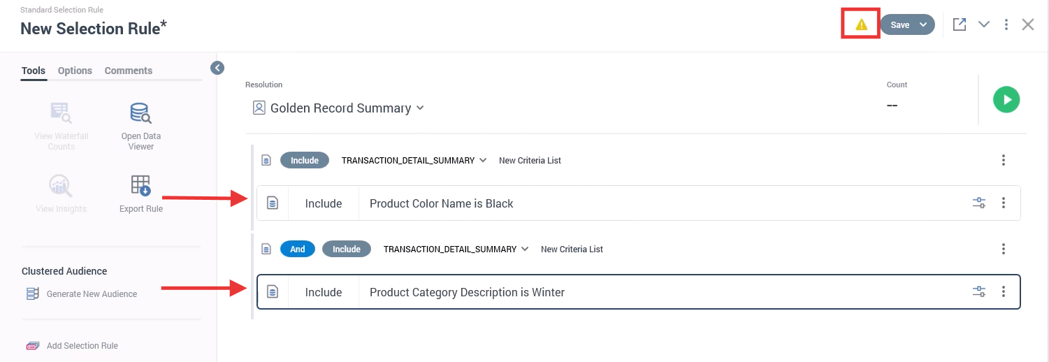 A selection rule with attributes in two different criteria lists and the yellow warning symbol.